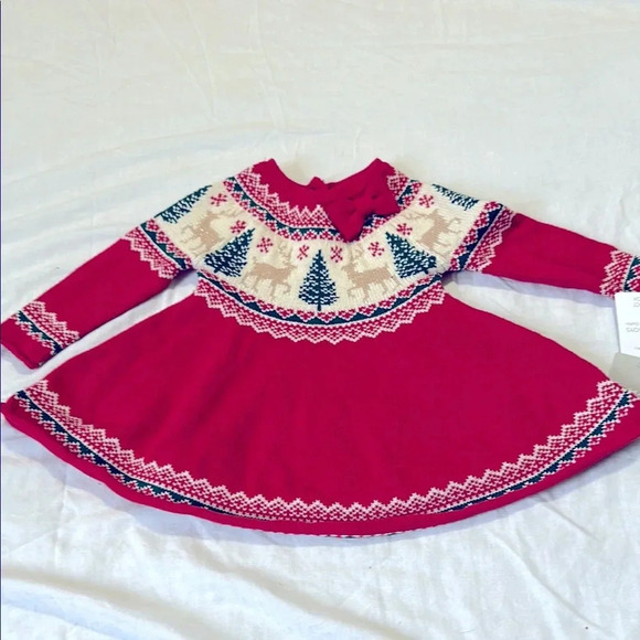 Tahari 3-6 Mos . Holiday Girl's Tree Reindeer Fairisle Sweater Dress New - Picture 1 of 6